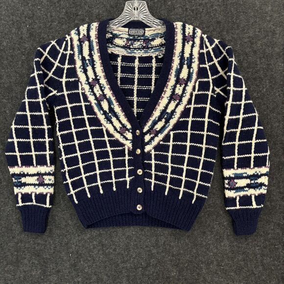 Vintage Lands End Sweater Women's Medium Blue Shetland Wool Cardigan Fair Isle - Picture 1 of 7